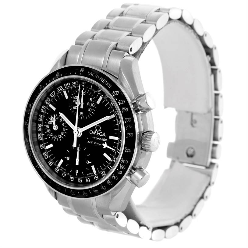 The Omega Speedmaster 3520.50.00 Men
s Stainless Steel Black Dial 3520.50.00 Men
s Stainless Steel Black Dial watch is shown at a three-quarter angle, displaying its face, bracelet, and side pushers.