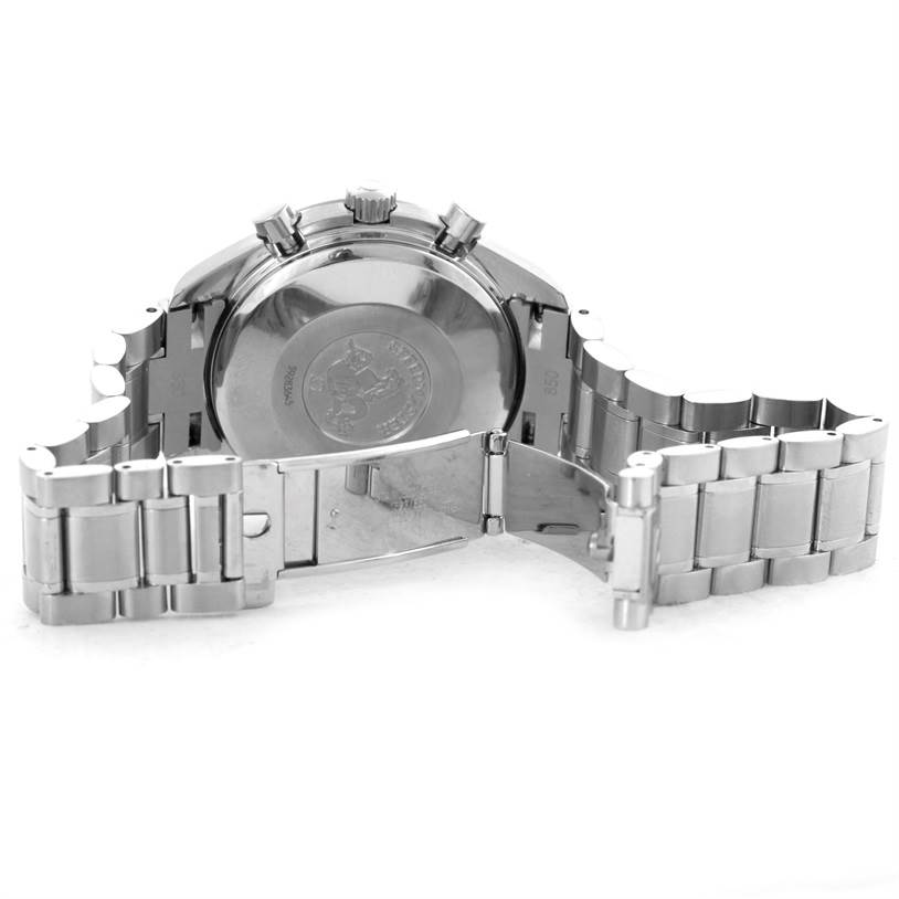 The image shows the back case and open clasp of an Omega Speedmaster 3520.50.00 Men
s Stainless Steel Black Dial 3520.50.00 Men
s Stainless Steel Black Dial watch, highlighting its metal bracelet and engraved case back.