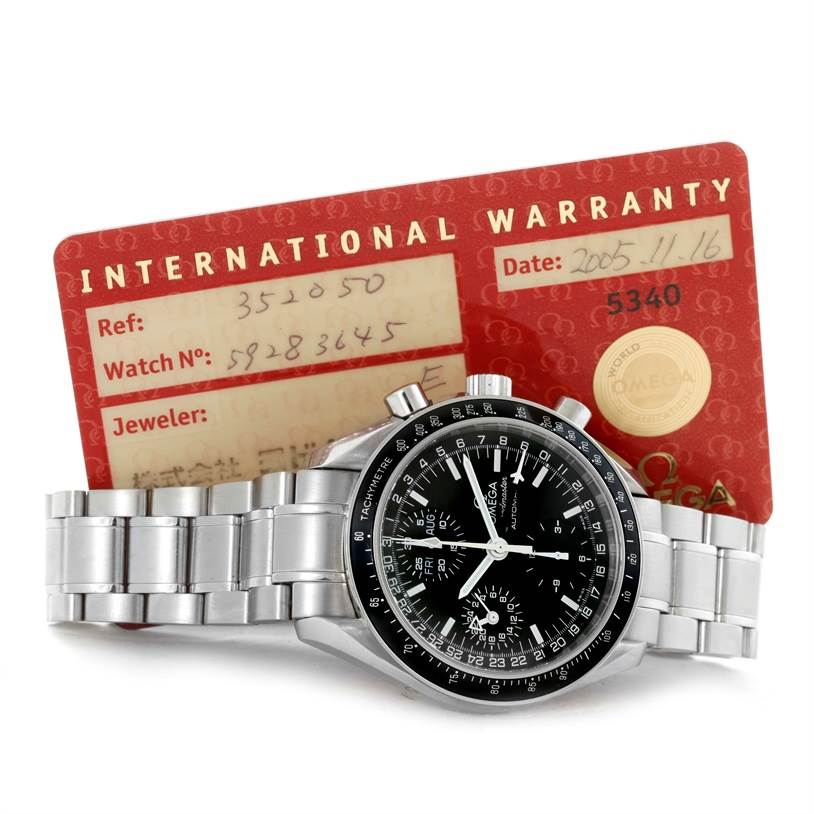 The image shows the Omega Speedmaster 3520.50.00 Men
s Stainless Steel Black Dial 3520.50.00 Men
s Stainless Steel Black Dial watch and its bracelet, along with an international warranty card.