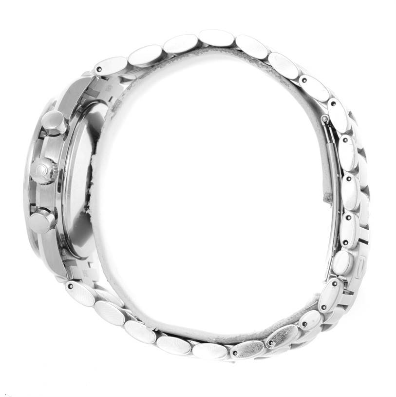 Side view of an Omega Speedmaster 3520.50.00 Men
s Stainless Steel Black Dial 3520.50.00 Men
s Stainless Steel Black Dial watch, highlighting the crown, pushers, and metal bracelet.