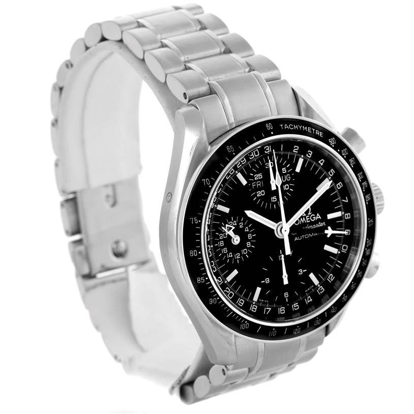 The image shows an Omega Speedmaster 3520.50.00 Men
s Stainless Steel Black Dial 3520.50.00 Men
s Stainless Steel Black Dial watch at a three-quarter angle, displaying the black dial, tachymeter bezel, and stainless steel bracelet.