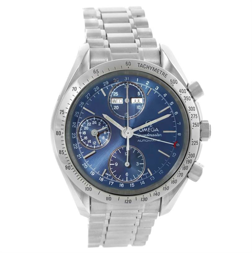 The Omega Speedmaster 3523.80.00 Men
s Stainless Steel Blue Dial 3523.80.00 Men
s Stainless Steel Blue Dial watch is shown from the front, displaying its blue dial, tachymeter bezel, and metal bracelet.