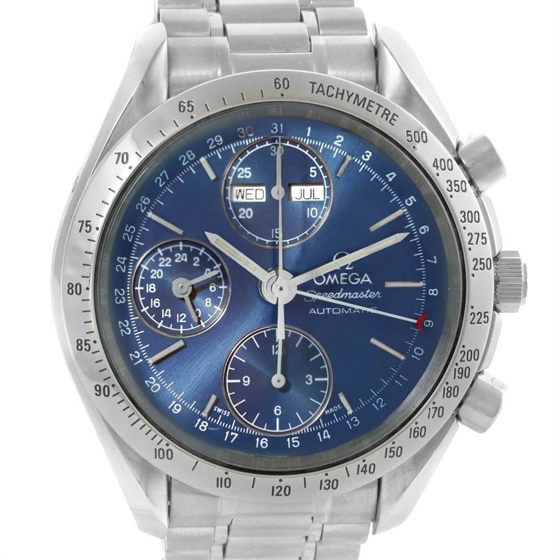 The image shows an Omega Speedmaster 3523.80.00 Men
s Stainless Steel Blue Dial 3523.80.00 Men
s Stainless Steel Blue Dial watch from a front angle, detailing its blue dial, subdials, and tachymeter bezel.
