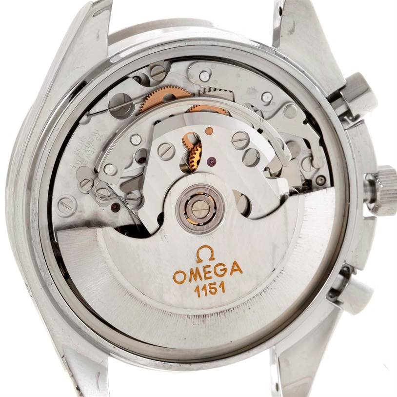 This image shows the case-back removed view of the Omega Speedmaster 3523.80.00 Men
s Stainless Steel Blue Dial 3523.80.00 Men
s Stainless Steel Blue Dial, revealing its movement and mechanical parts.