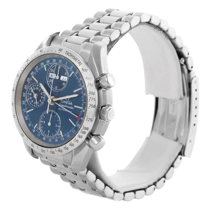 The Omega Speedmaster 3523.80.00 Men
s Stainless Steel Blue Dial 3523.80.00 Men
s Stainless Steel Blue Dial watch is shown at a three-quarter angle, highlighting the face, bezel, crown, pushers, and bracelet.