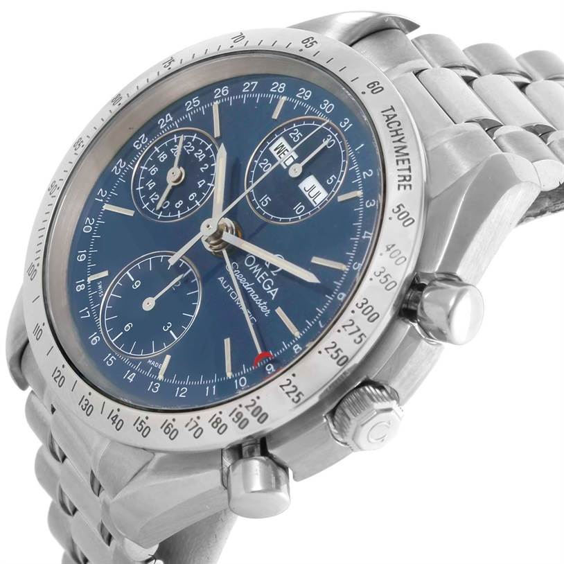 The Omega Speedmaster 3523.80.00 Men
s Stainless Steel Blue Dial 3523.80.00 Men
s Stainless Steel Blue Dial watch is shown from a slight angle, highlighting its dial, chronograph subdials, tachymeter bezel, and bracelet.