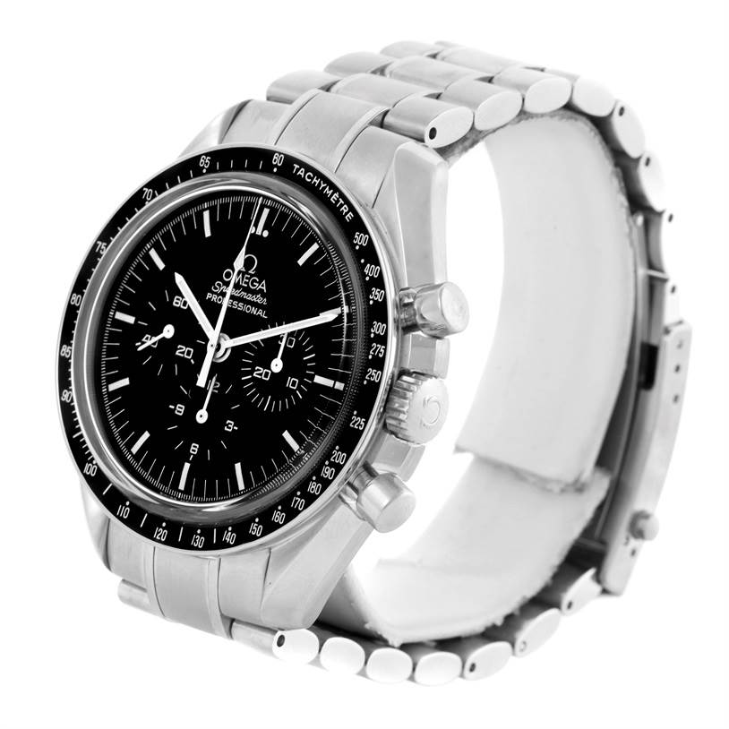 The image shows an angled view of the Omega Speedmaster 3573.50.00 Men
s Stainless Steel Black Dial 3573.50.00 Men
s Stainless Steel Black Dial watch, highlighting its black dial, tachymeter bezel, and stainless steel bracelet.