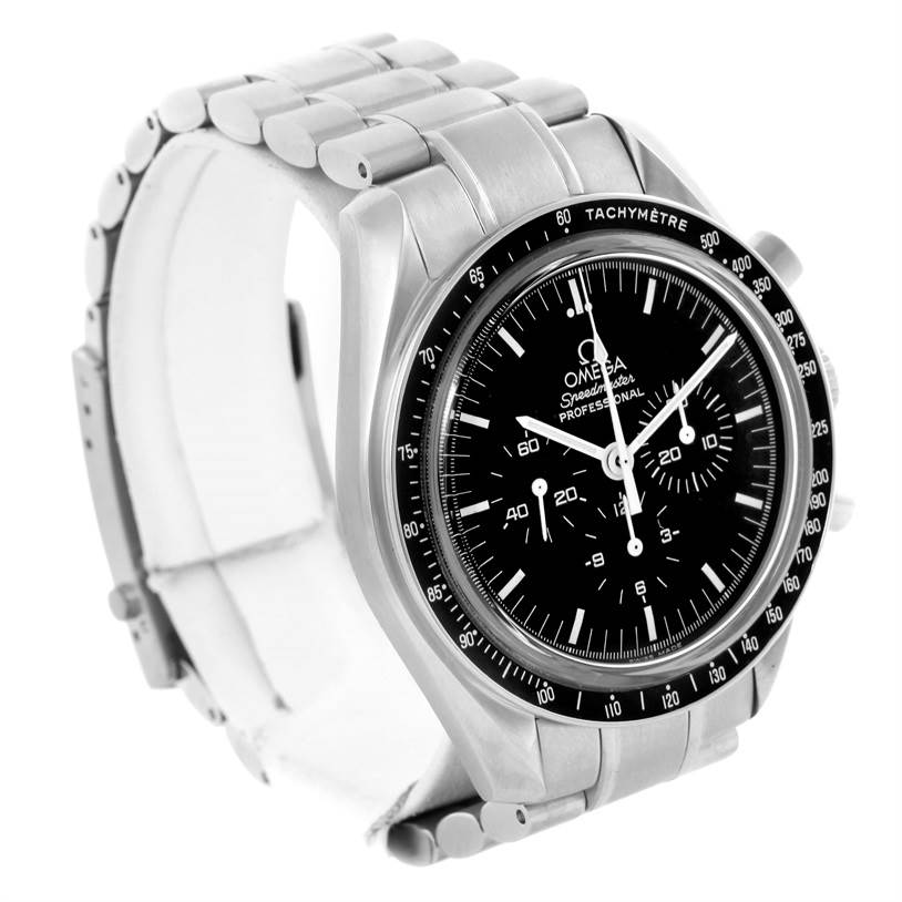 The Omega Speedmaster 3573.50.00 Men
s Stainless Steel Black Dial 3573.50.00 Men
s Stainless Steel Black Dial watch is shown at a three-quarter angle, displaying the face, bezel, and metal bracelet.