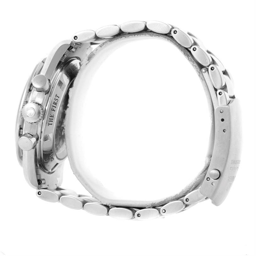 The image shows a side view of the Omega Speedmaster 3573.50.00 Men
s Stainless Steel Black Dial 3573.50.00 Men
s Stainless Steel Black Dial watch, focusing on the bracelet and case with prominent pushers.