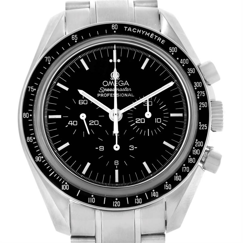 The image shows a front view of the Omega Speedmaster 3573.50.00 Men
s Stainless Steel Black Dial 3573.50.00 Men
s Stainless Steel Black Dial watch, highlighting the dial, bezel, and chronograph pushers.