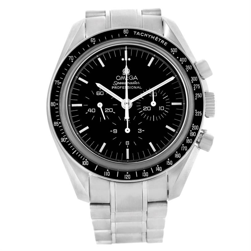 The image shows a front view of the Omega Speedmaster 3573.50.00 Men
s Stainless Steel Black Dial 3573.50.00 Men
s Stainless Steel Black Dial watch, highlighting its dial, bezel, and bracelet.