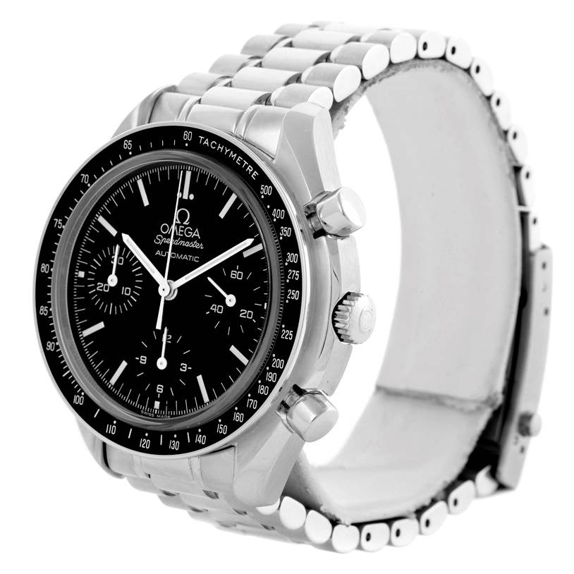 The image shows a side angle view of an Omega Speedmaster 3539.50.00 Men
s Stainless Steel Black Dial 3539.50.00 Men
s Stainless Steel Black Dial watch, displaying its face, bezel, chronograph buttons, and metal bracelet.