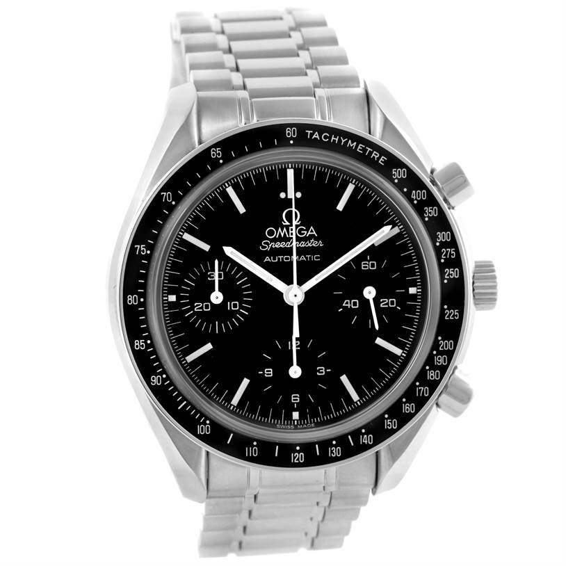This image shows a front view of the Omega Speedmaster 3539.50.00 Men
s Stainless Steel Black Dial 3539.50.00 Men
s Stainless Steel Black Dial watch, highlighting the black dial, sub-dials, and tachymeter bezel.