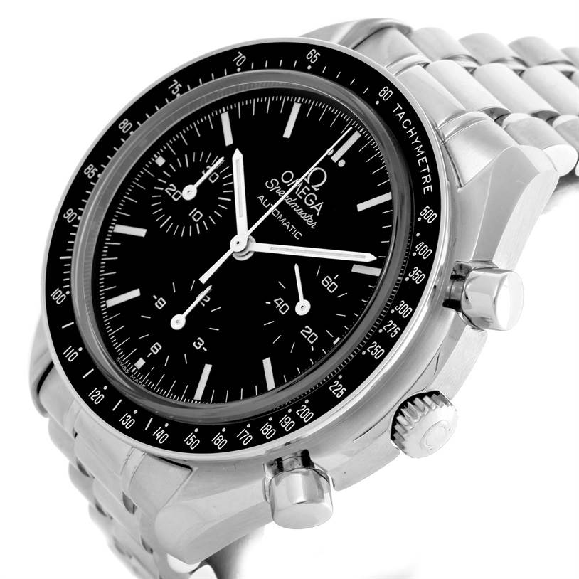The image displays a close-up angled view of an Omega Speedmaster 3539.50.00 Men
s Stainless Steel Black Dial 3539.50.00 Men
s Stainless Steel Black Dial, showing the dial, pushers, bezel, and part of the bracelet.