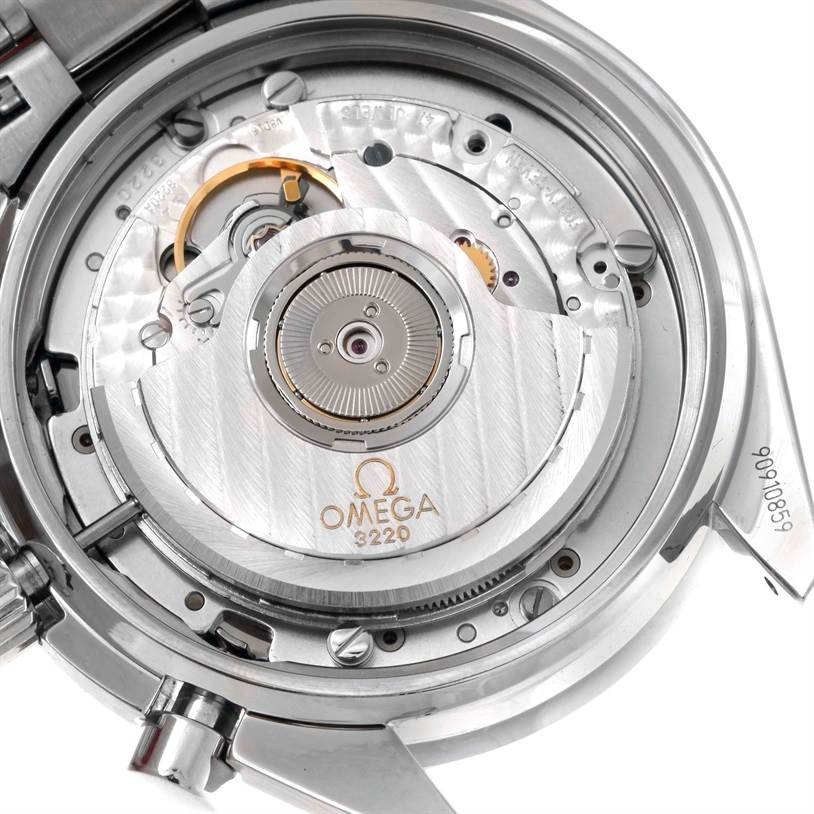 This image shows a close-up of the Omega Speedmaster 3539.50.00 Men
s Stainless Steel Black Dial 3539.50.00 Men
s Stainless Steel Black Dial
s open case back, revealing its intricate movement mechanics.