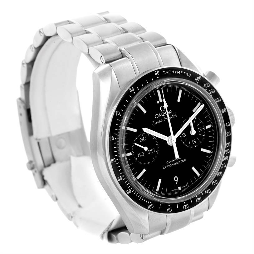 The Omega Speedmaster 311.30.44.51.01.002 Stainless Steel Black Dial 311.30.44.51.01.002 Stainless Steel Black Dial watch is shown from an angle displaying its face, bezel, and stainless steel bracelet.