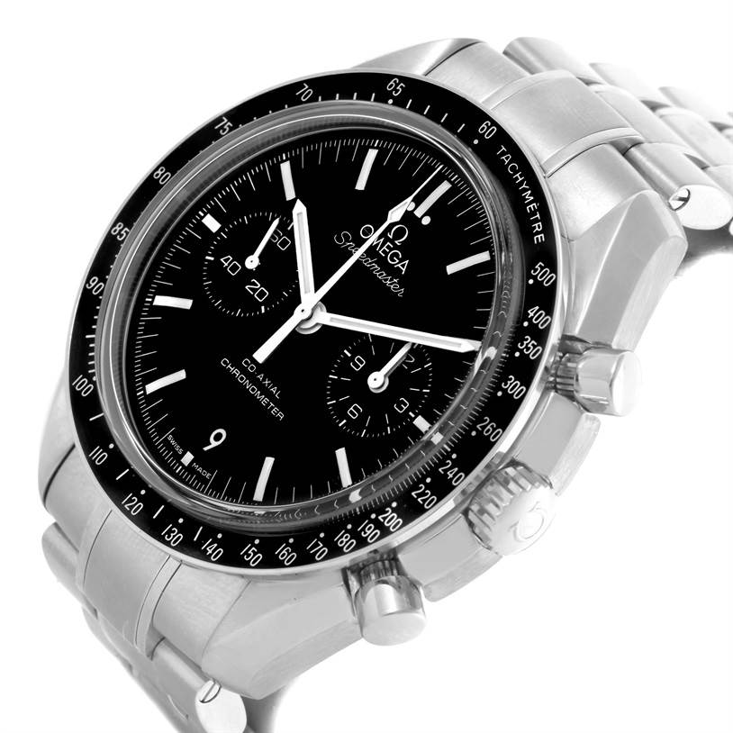 The image shows an Omega Speedmaster 311.30.44.51.01.002 Stainless Steel Black Dial 311.30.44.51.01.002 Stainless Steel Black Dial watch from an angled view highlighting the face, bezel, crown, and bracelet.