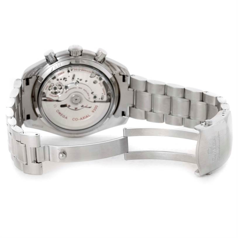 The image shows the back view of an Omega Speedmaster 311.30.44.51.01.002 Stainless Steel Black Dial 311.30.44.51.01.002 Stainless Steel Black Dial watch with the bracelet and clasp extended.