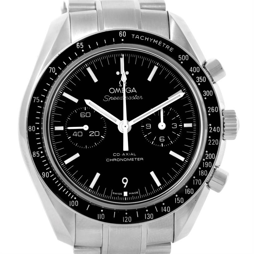 This image shows a front view of the Omega Speedmaster 311.30.44.51.01.002 Stainless Steel Black Dial 311.30.44.51.01.002 Stainless Steel Black Dial watch, highlighting the dial and tachymeter bezel.