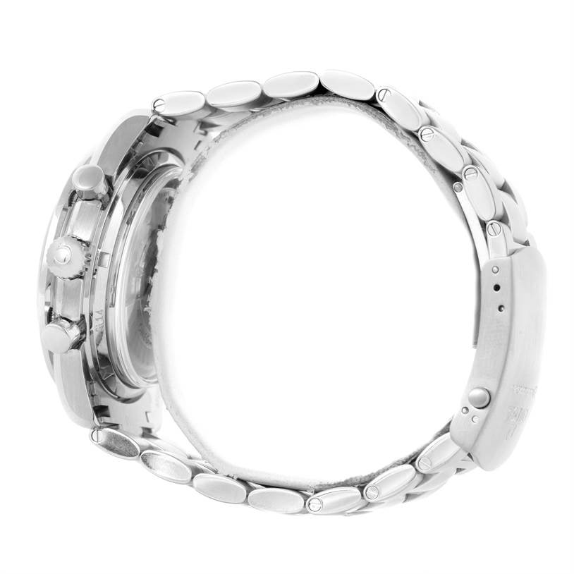 This side-angle view of the Omega Speedmaster 311.30.44.51.01.002 Stainless Steel Black Dial 311.30.44.51.01.002 Stainless Steel Black Dial watch shows its clasp, metallic strap, and side buttons.