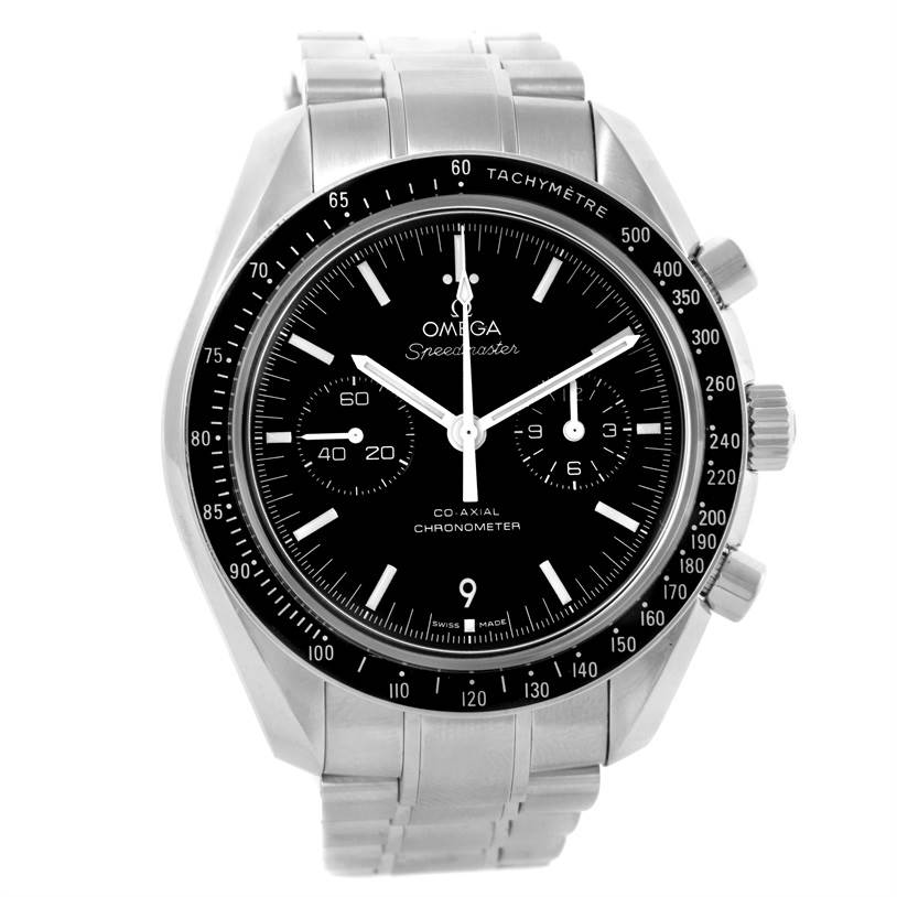 The image shows a front view of an Omega Speedmaster 311.30.44.51.01.002 Stainless Steel Black Dial 311.30.44.51.01.002 Stainless Steel Black Dial watch, including its face, bezel, and metal bracelet.