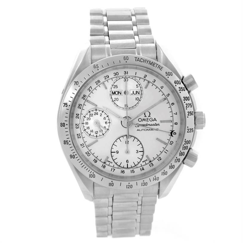 The Omega Speedmaster 3521.30.00 Men
s Stainless Steel Silver Dial 3521.30.00 Men
s Stainless Steel Silver Dial watch is shown from the front, displaying its dial, subdials, tachymeter bezel, and stainless steel bracelet.