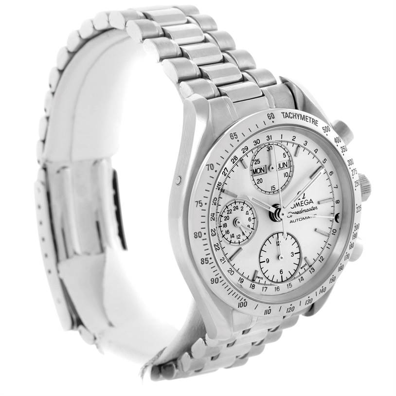 The image shows a side angle of an Omega Speedmaster 3521.30.00 Men
s Stainless Steel Silver Dial 3521.30.00 Men
s Stainless Steel Silver Dial watch, highlighting the face, bezel, and stainless steel bracelet.