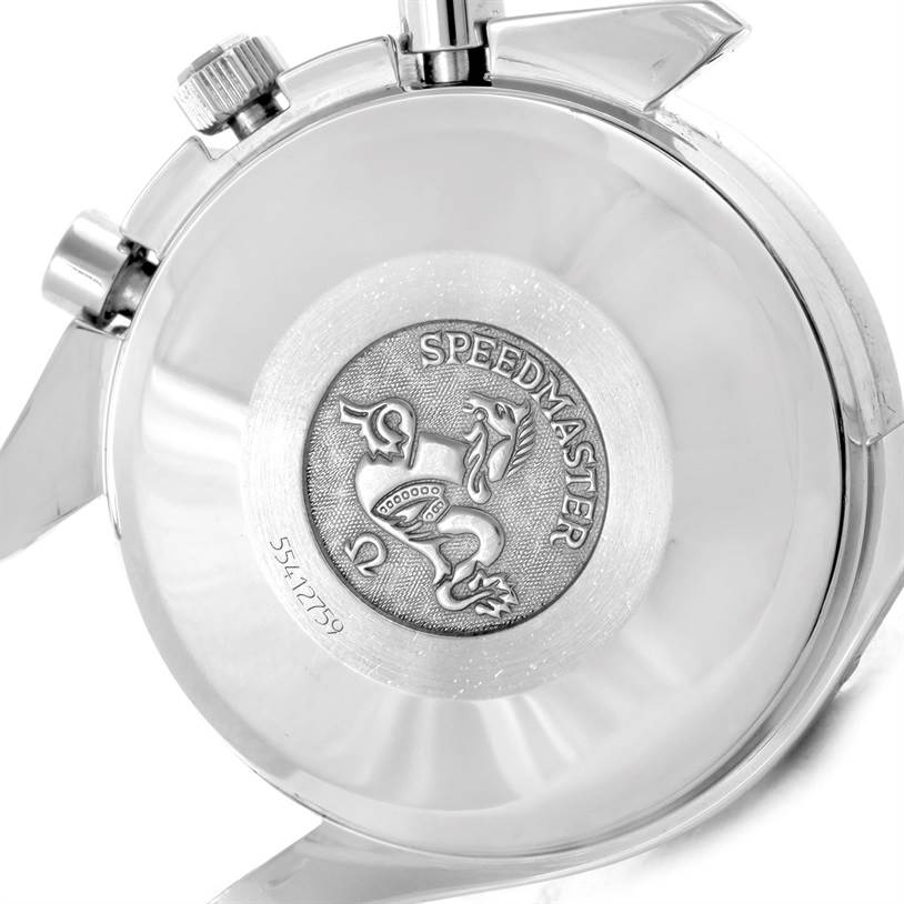 This image shows the back case of an Omega Speedmaster 3521.30.00 Men
s Stainless Steel Silver Dial 3521.30.00 Men
s Stainless Steel Silver Dial watch with its logo and engravings.