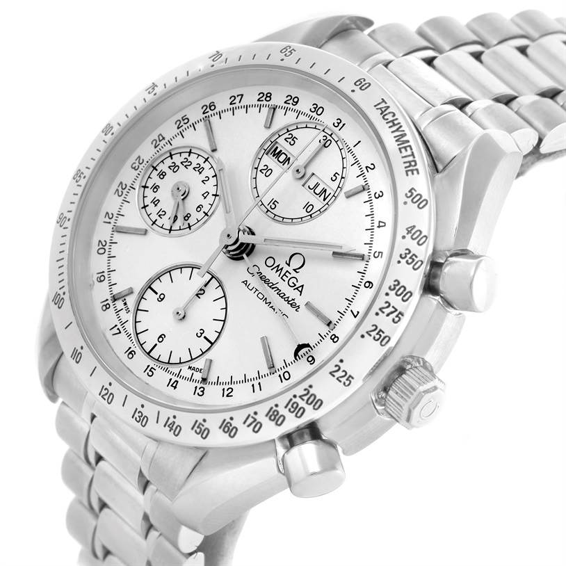 The image shows an angled close-up of an Omega Speedmaster 3521.30.00 Men
s Stainless Steel Silver Dial 3521.30.00 Men
s Stainless Steel Silver Dial, highlighting its dial, tachymeter bezel, and metal bracelet.