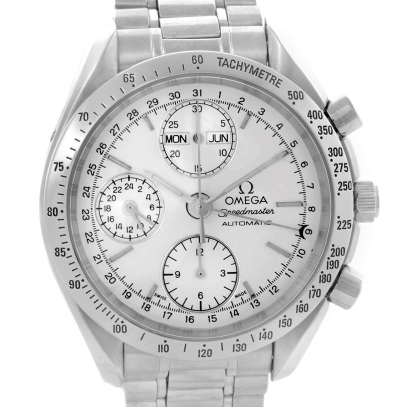 The image shows a front view of the Omega Speedmaster 3521.30.00 Men
s Stainless Steel Silver Dial 3521.30.00 Men
s Stainless Steel Silver Dial watch, highlighting its dial, subdials, and tachymeter bezel.