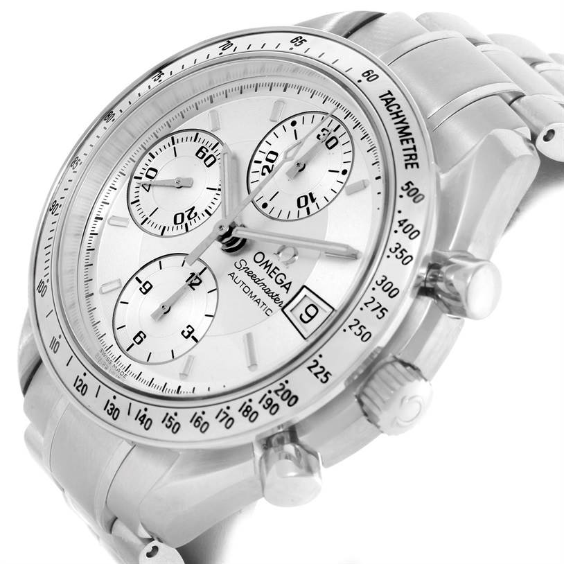 This image shows a close-up angle of the Omega Speedmaster 3513.30.00 Men
s Stainless Steel Silver Dial 3513.30.00 Men
s Stainless Steel Silver Dial, highlighting the bezel, chronograph sub-dials, and pushers on the side.