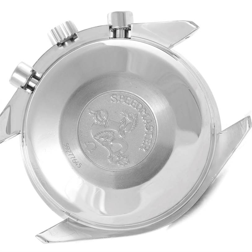 This is the back casing of an Omega Speedmaster 3513.30.00 Men
s Stainless Steel Silver Dial 3513.30.00 Men
s Stainless Steel Silver Dial watch, showing the engraved logo and lugs from an angled view.