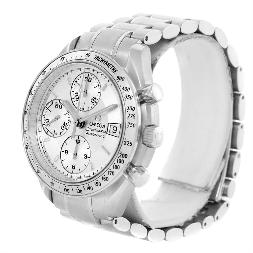 The image shows an Omega Speedmaster 3513.30.00 Men
s Stainless Steel Silver Dial 3513.30.00 Men
s Stainless Steel Silver Dial watch, angled to display the dial, bezel, chronograph subdials, and part of the metal bracelet.