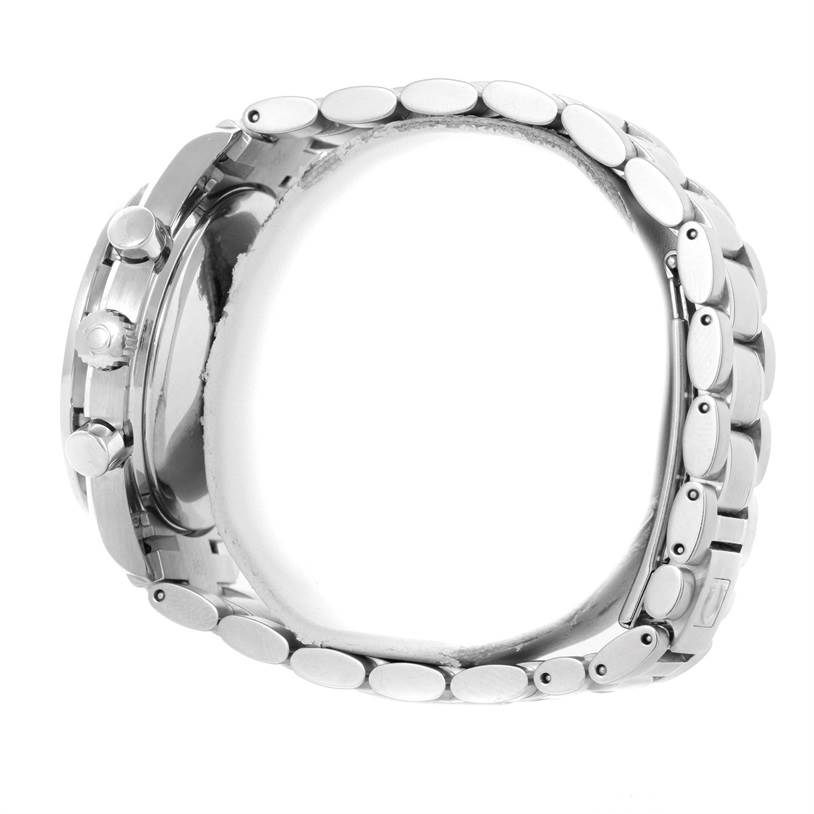 The image shows a side profile of an Omega Speedmaster 3513.30.00 Men
s Stainless Steel Silver Dial 3513.30.00 Men
s Stainless Steel Silver Dial watch, focusing on its metal bracelet and case.