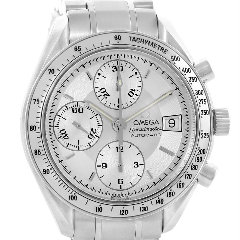 The image shows a frontal view of an Omega Speedmaster 3513.30.00 Men
s Stainless Steel Silver Dial 3513.30.00 Men
s Stainless Steel Silver Dial, highlighting the dial, tachymeter, subdials, and crown.