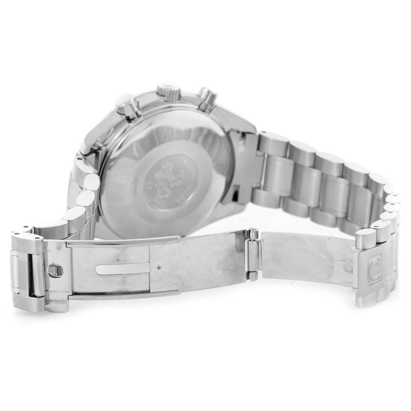 The image shows the back view of an Omega Speedmaster 3513.30.00 Men
s Stainless Steel Silver Dial 3513.30.00 Men
s Stainless Steel Silver Dial watch, including its bracelet and clasp.