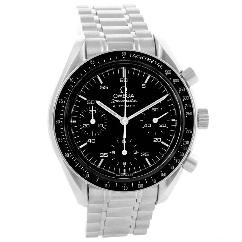 The image shows a frontal view of an Omega Speedmaster 3510.50.00 Men
s Stainless Steel Black Dial 3510.50.00 Men
s Stainless Steel Black Dial watch, highlighting its dial, tachymeter bezel, and stainless steel bracelet.