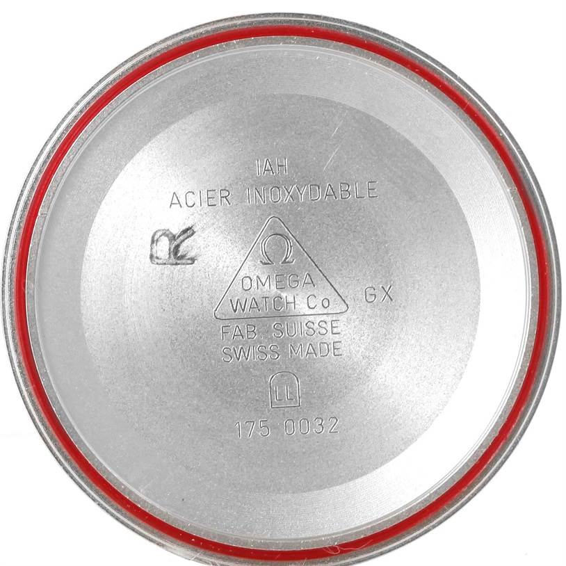 The image shows the inner side of the stainless steel case back for the Omega Speedmaster 3510.50.00 Men
s Stainless Steel Black Dial 3510.50.00 Men
s Stainless Steel Black Dial watch.