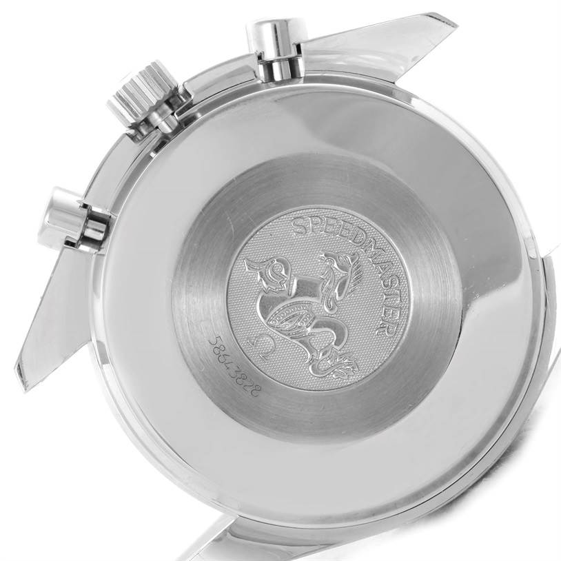 This image shows the back case and pushers of the Omega Speedmaster 3510.50.00 Men
s Stainless Steel Black Dial 3510.50.00 Men
s Stainless Steel Black Dial watch, emphasizing the engraved emblem and text.