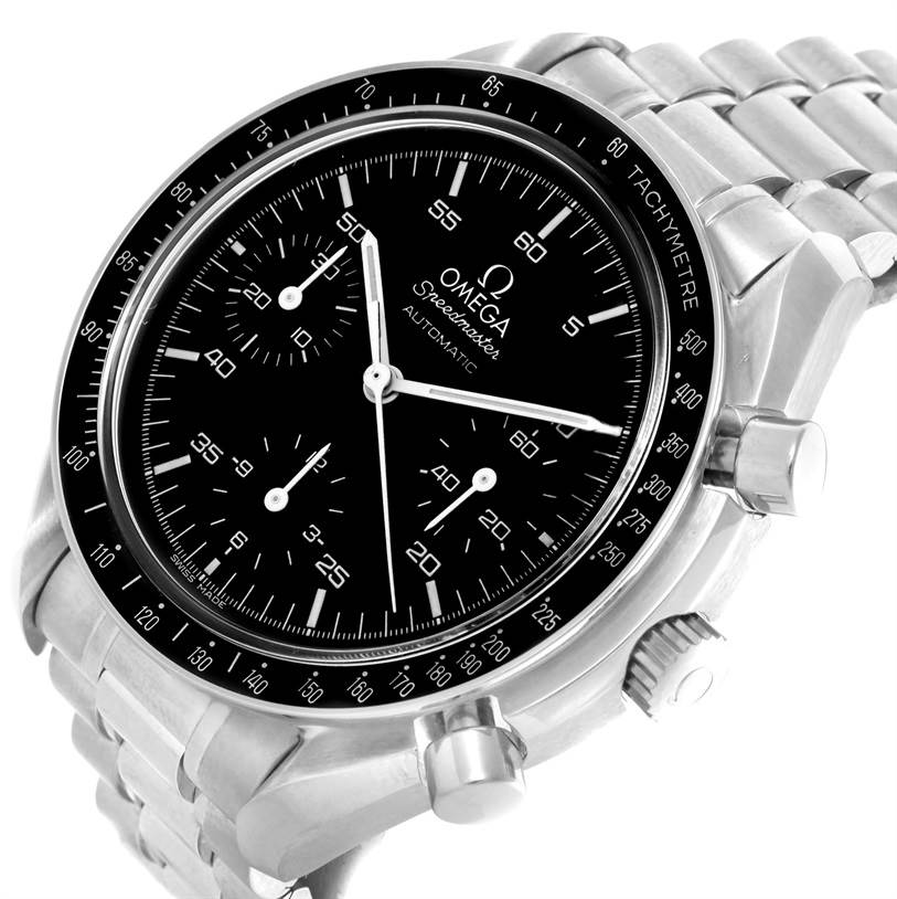 The image shows an Omega Speedmaster 3510.50.00 Men
s Stainless Steel Black Dial 3510.50.00 Men
s Stainless Steel Black Dial watch, featuring a black dial, tachymeter, chronograph dials, and stainless steel bracelet from a slightly tilted angle.