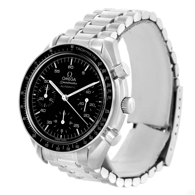 The Omega Speedmaster 3510.50.00 Men
s Stainless Steel Black Dial 3510.50.00 Men
s Stainless Steel Black Dial watch is shown at a three-quarter angle, detailing the dial, bezel, crown, push buttons, and metal bracelet.