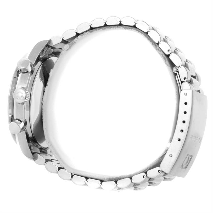 The image shows the side view of an Omega Speedmaster 3510.50.00 Men
s Stainless Steel Black Dial 3510.50.00 Men
s Stainless Steel Black Dial watch, highlighting its crown, pushers, and bracelet.