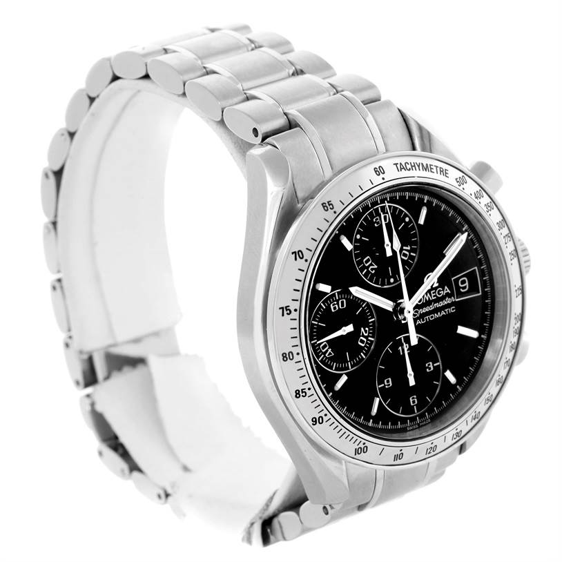 The image shows a side angle of an Omega Speedmaster 3513.50.00 Men
s Stainless Steel Black Dial 3513.50.00 Men
s Stainless Steel Black Dial watch with a silver bracelet and black dial.