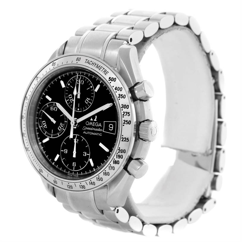 This is an angled view of an Omega Speedmaster 3513.50.00 Men
s Stainless Steel Black Dial 3513.50.00 Men
s Stainless Steel Black Dial showing the face, bezel, crown, pushers, and part of the bracelet.