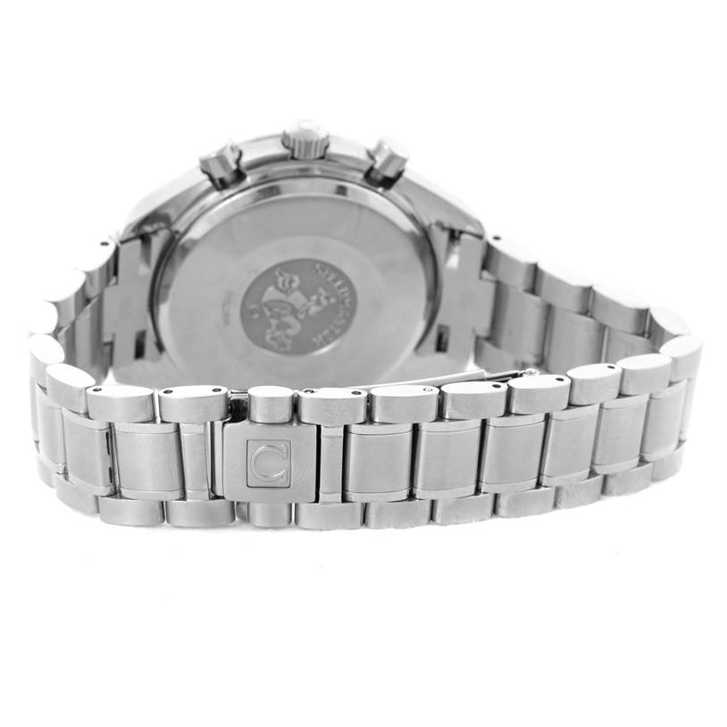 The image shows the back case and bracelet clasp of the Omega Speedmaster 3513.50.00 Men
s Stainless Steel Black Dial 3513.50.00 Men
s Stainless Steel Black Dial watch from a rear angle.