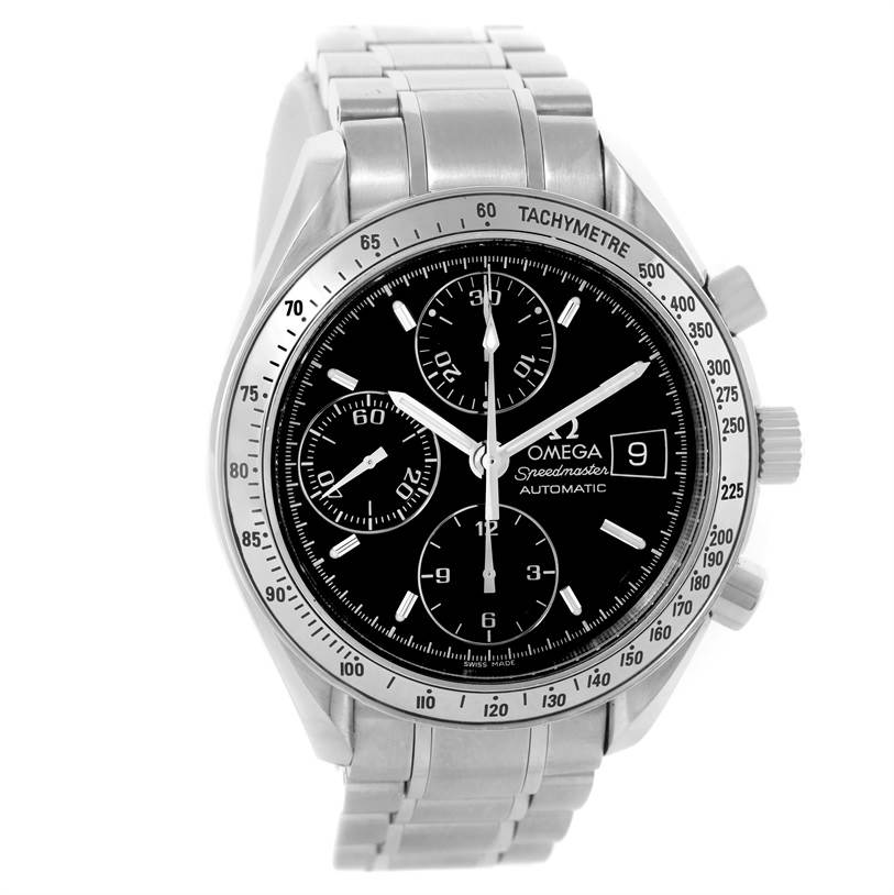 The image shows a front view of the Omega Speedmaster 3513.50.00 Men
s Stainless Steel Black Dial 3513.50.00 Men
s Stainless Steel Black Dial watch, highlighting its dial, tachymeter bezel, and metal bracelet.