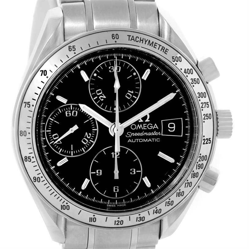 The Omega Speedmaster 3513.50.00 Men
s Stainless Steel Black Dial 3513.50.00 Men
s Stainless Steel Black Dial watch is shown from a front angle, highlighting its dial, sub-dials, bezel, and bracelet.