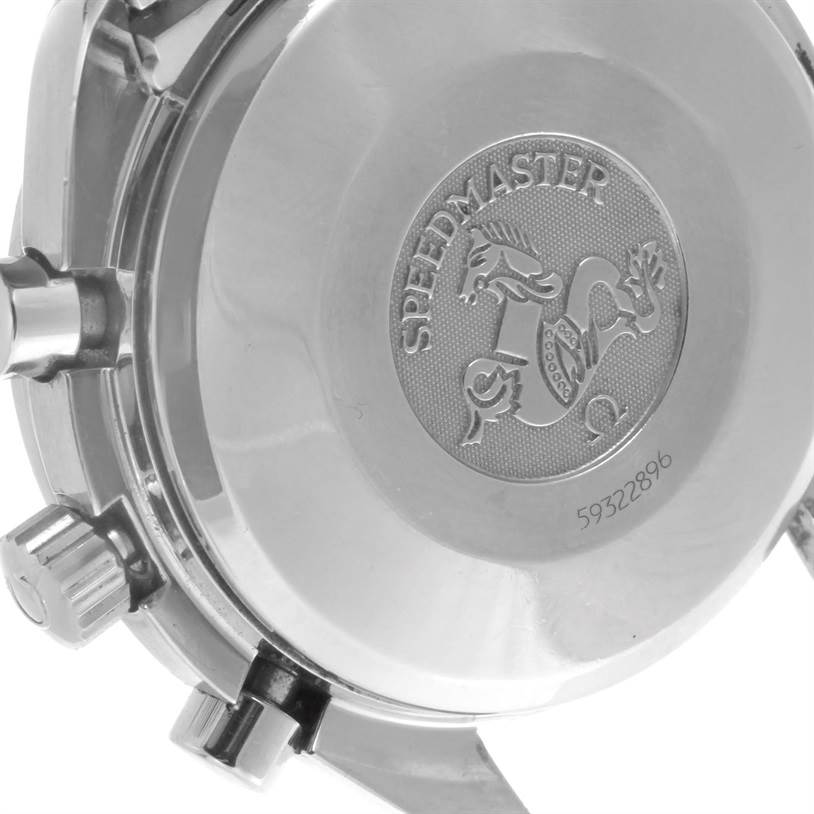 The image shows the back case of an Omega Speedmaster 3513.50.00 Men
s Stainless Steel Black Dial 3513.50.00 Men
s Stainless Steel Black Dial watch, including the crown, pushers, and model engraving.