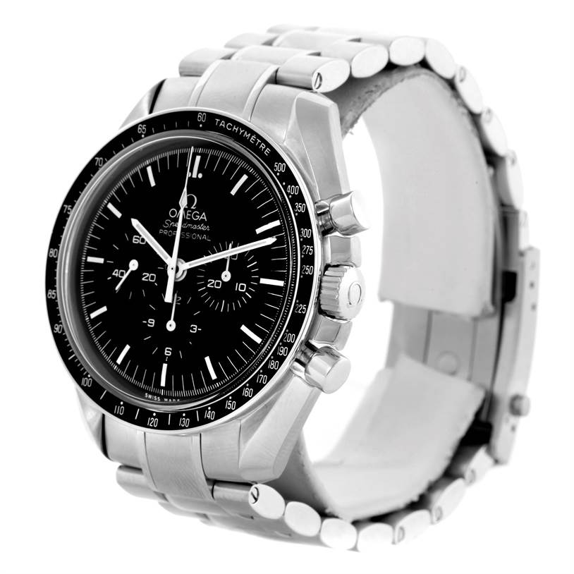 This image shows an angled view of the Omega Speedmaster 311.30.42.30.01.005 Men
s Stainless Steel Black Dial 311.30.42.30.01.005 Men
s Stainless Steel Black Dial watch, highlighting its face, bracelet, and side buttons.