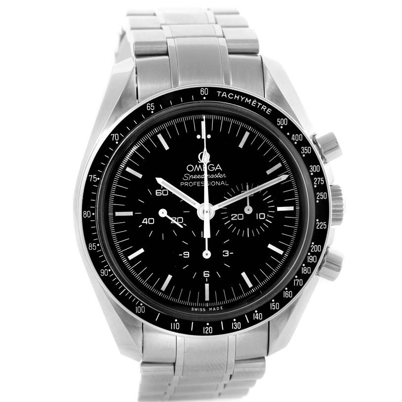 This image shows a front view of an Omega Speedmaster 311.30.42.30.01.005 Men
s Stainless Steel Black Dial 311.30.42.30.01.005 Men
s Stainless Steel Black Dial watch, highlighting its black dial, tachymeter bezel, and stainless steel bracelet.